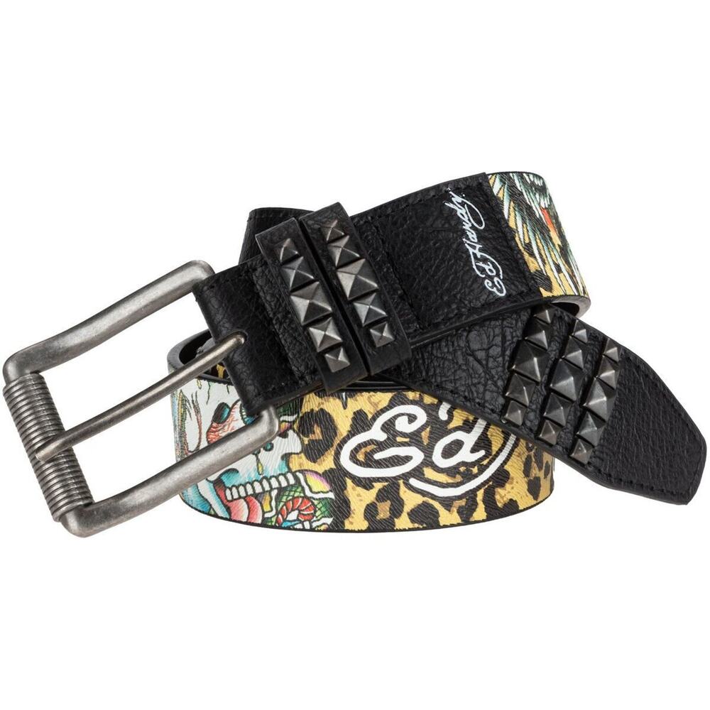 Ed Hardy Men's Leopard Skull Print Black Belt With Pyramid Rivet Studs